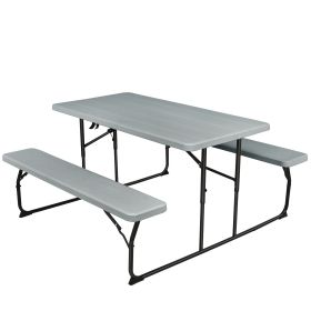 Indoor and Outdoor Folding Picnic Table Bench Set with Wood-like Texture (Color: Gray)